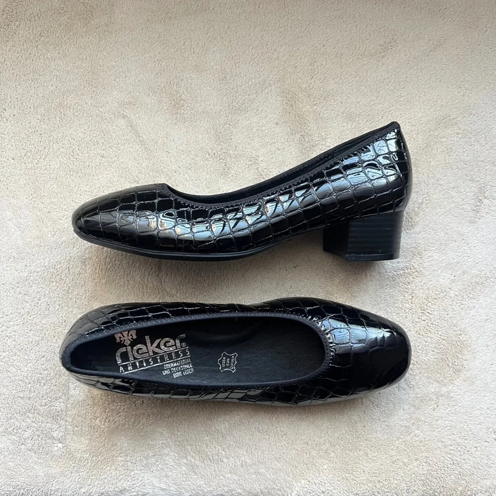 Rieker Antistress Women 7-7.5 EU 38 Black Croc Patent Leather Block Heel Pumps‎